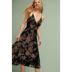 Anthropologie black and pink velvet midi dress